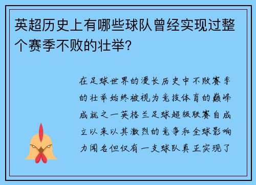 英超历史上有哪些球队曾经实现过整个赛季不败的壮举？