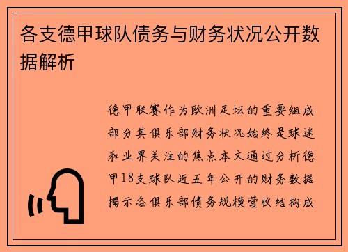 各支德甲球队债务与财务状况公开数据解析